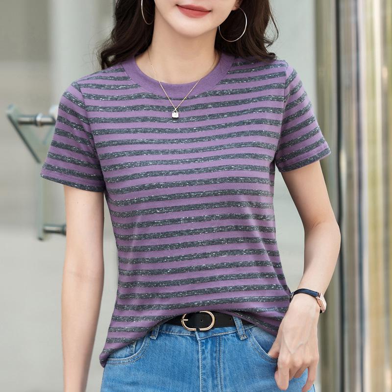 Damen 2025 Sommer Gestreiftes Locker Geschnittenes Schlankmachendes T-Shirt, Koreanischer Stil Rundhals Kurzarm Oberteil