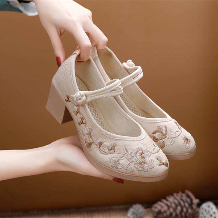 Fashion Women's Summer New Chinese Style Hanfu Shoes Fashion Vintage Flowers Embroidery Round Toe High Heel Cloth Shoes Zapatos De Mujer