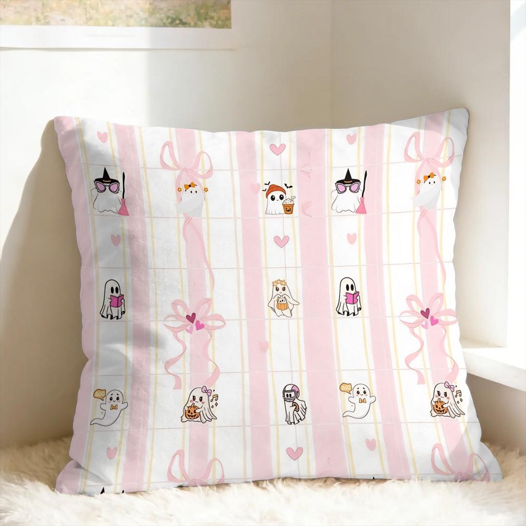 Pink Coquette Ghost Halloween Pillowcases Retro Trendy Pillow Case For Sofa Car Home Decor Comfy Pillow Cover