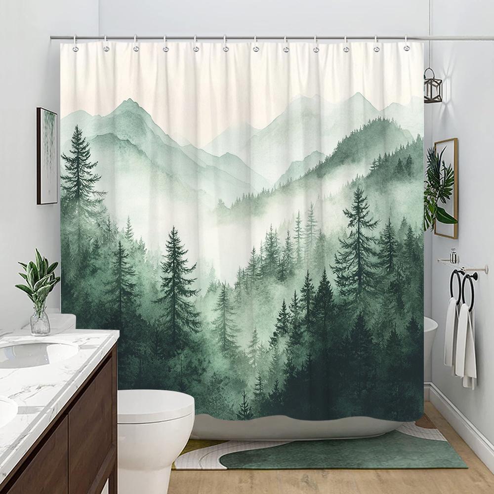 1 Tranquil Misty Mountain Forest Shower Curtain with Lush Evergreen Pine Trees and Rolling Hills - Machine Washable with Hooks