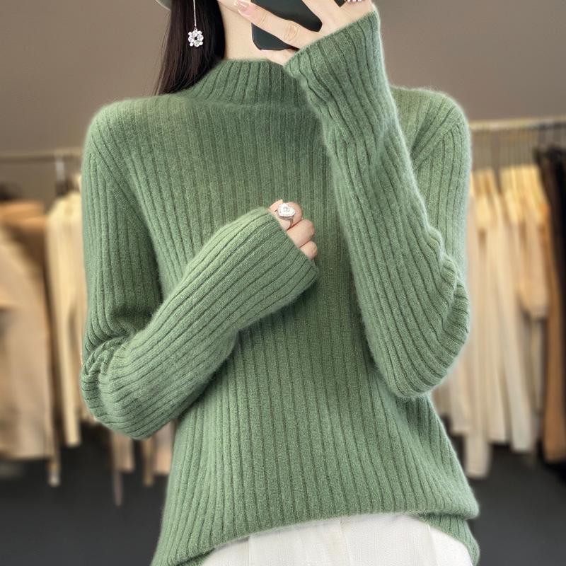 2024 Autumn/Winter Women's Pure Wool Half-High Collar Ribbed Sweater - Slim, Versatile, and Loose-Fitting Knit Top