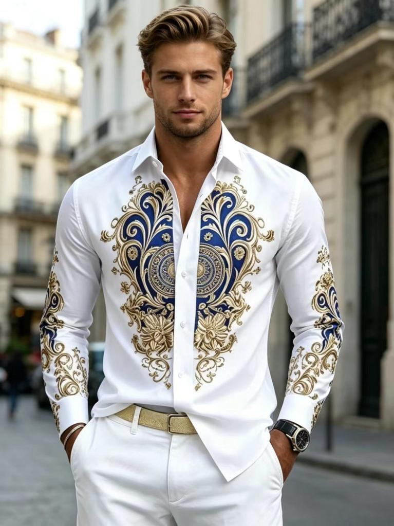 Camicia da Uomo a Maniche Lunghe con Collo Stampa alla Moda Tessuto Morbido Comoda Lussuosa Alta Qualità Abbigliamento per Feste Sociali