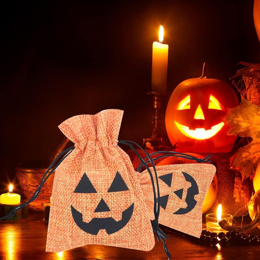 Ewanda Store 50 Pcs Halloween Burlap Bags,3.9"x5.5" Burlap Candy Bags Goodie Treat Bags with Drawstrings for Kids Halloween Party Supplies