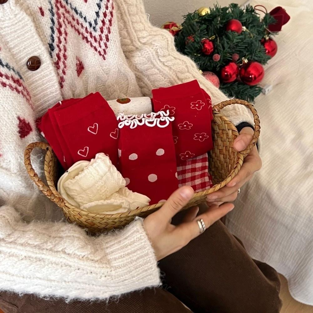 Soft Heart Polka Dot Socks Combed Cotton Flower Socks Lace Red Socks  Spring Festival