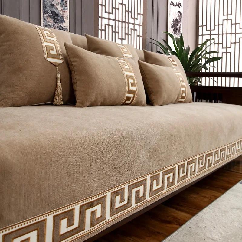 Chinese Style Chenille Sofa Cover Four Seasonal Universal Solid Wood Sofa Seat Cushion Joyful Anti Slip Red Chair Cushion Cover