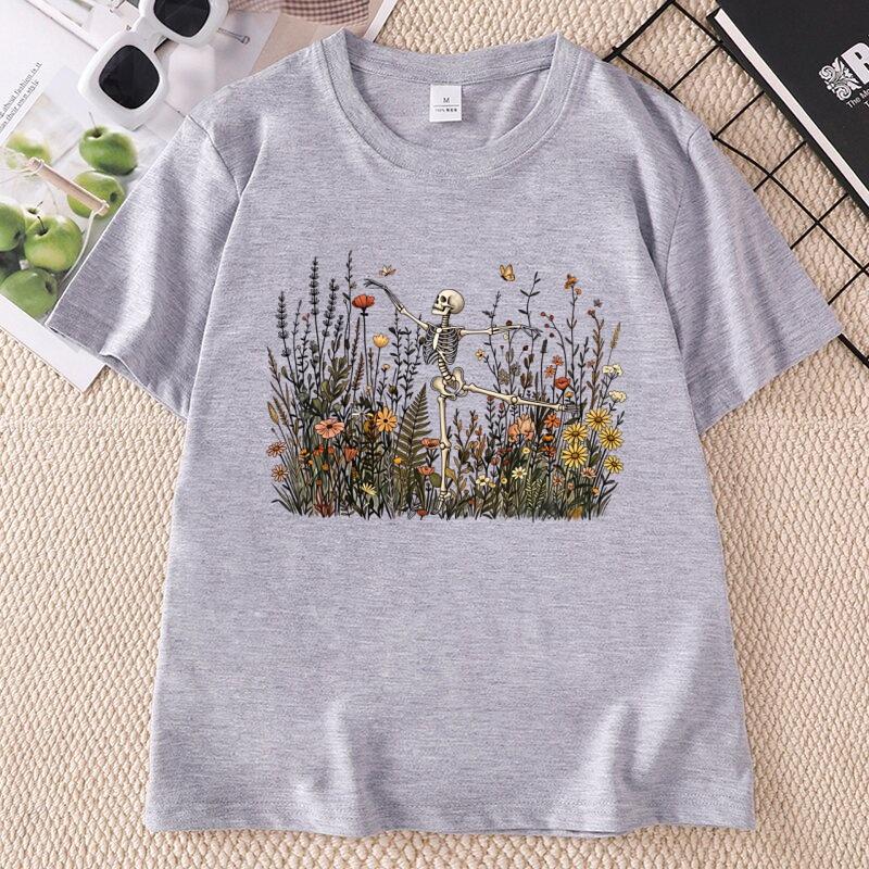 Skeleton Dancing Wildflower Tshirt Unisex Botanical Floral Cottagecore Nature Lover Tshirt Casual Round Neck Short Sleeve Tees