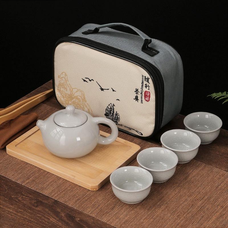 Chinese Tradition Kung Fu Tea Set Portable Ceramic Travel Tea Set Home Office One Teapot Four Teacup Teaware Tea Ceremony Gifts