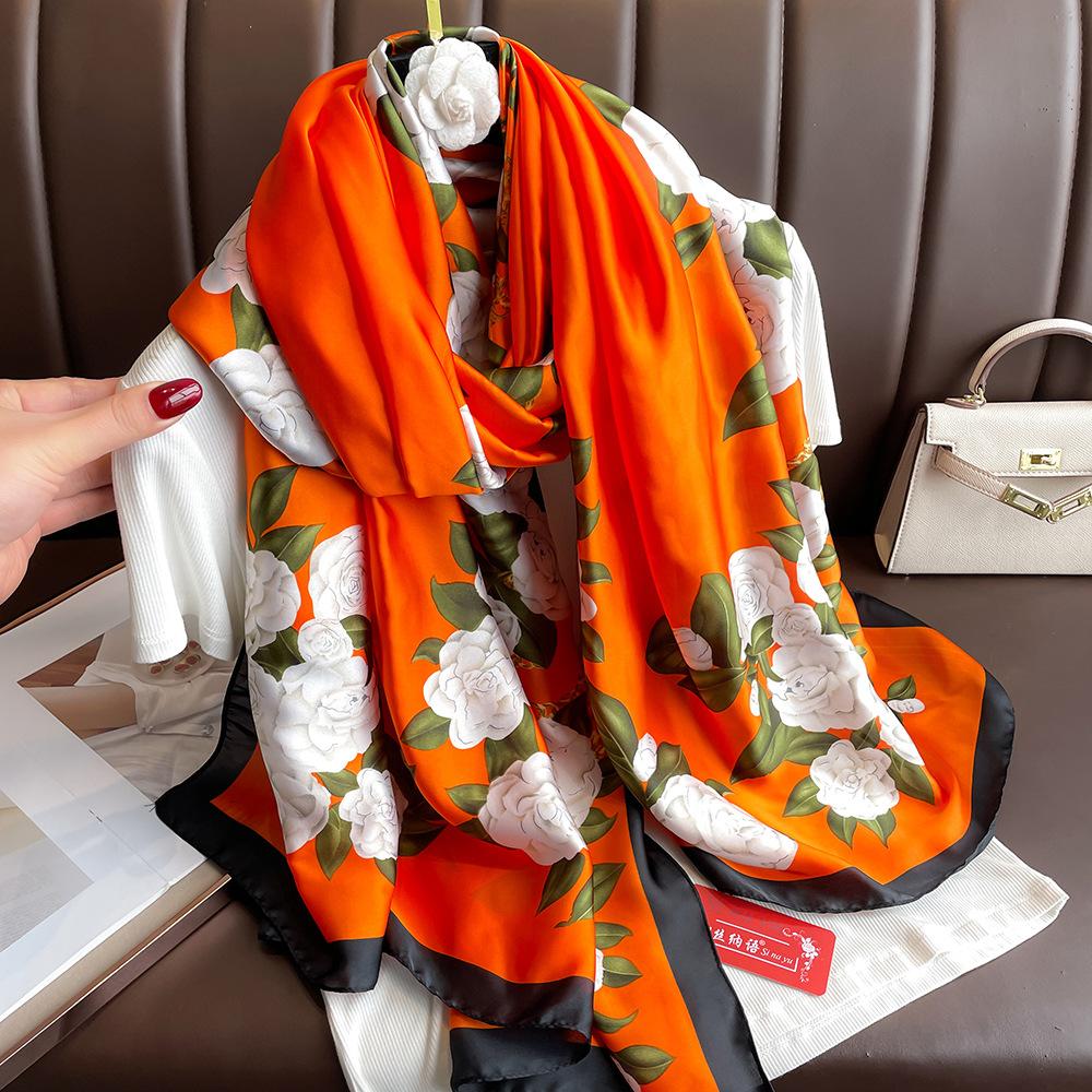 New silk scarf new silk satin printed shawl holiday fashion sunscreen long section simulation silk scarf