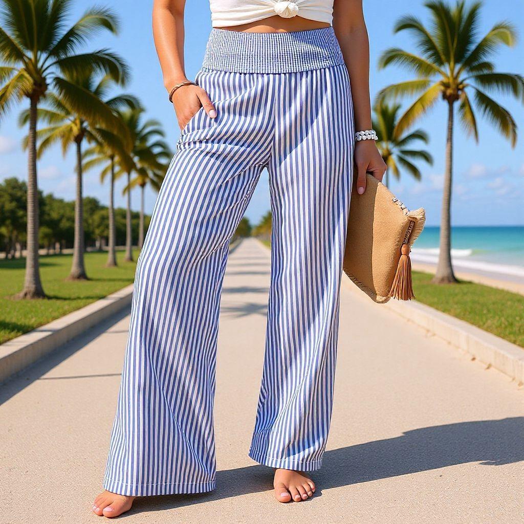 2026 Women's Loose Striped Smocked Cotton Linen Casual Pants