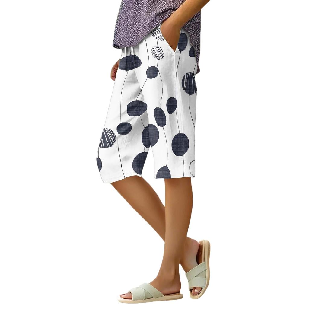 Women's Summer Gradient Floral Polka Dot Print Knee-Length Lightweight Elastic Waist Casual Pocket Shorts