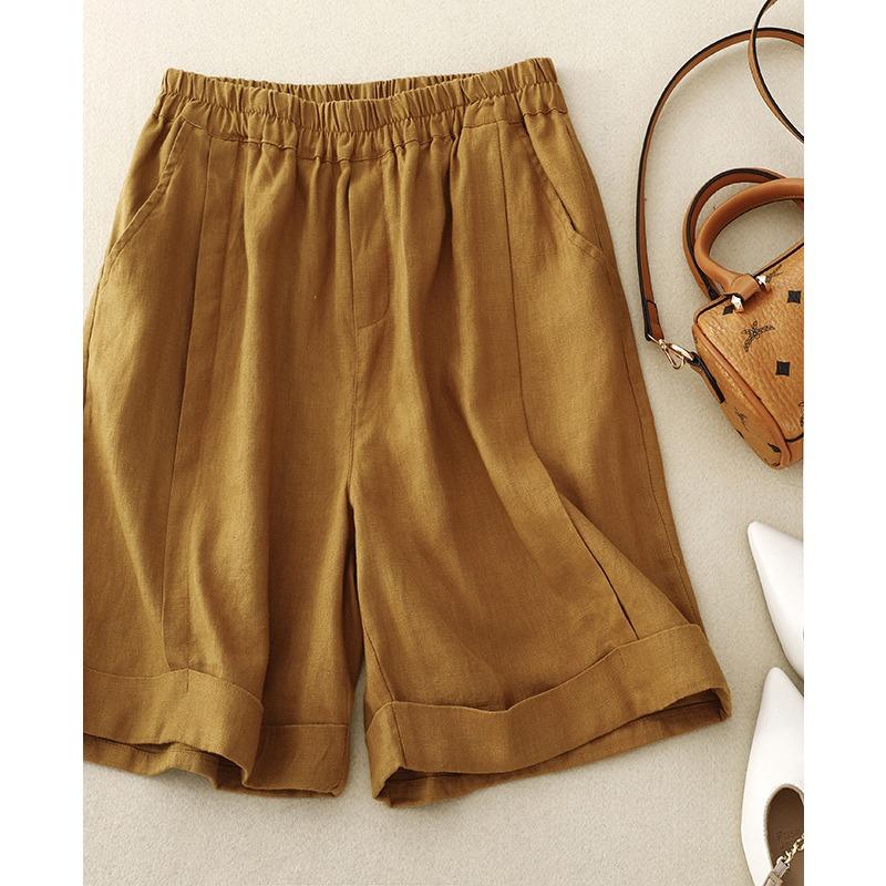Real Shot Summer New Cotton and Linen Literary Large Size Thin Elastic Waist Loose A-shaped Wide-leg Shorts Women