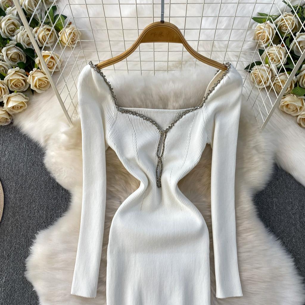 Autumn Spring Women Sexy Square Collar Luxury Beading Knitted Sweater Party Dress Long Midi Sheath Bodycon Sheath Dresses