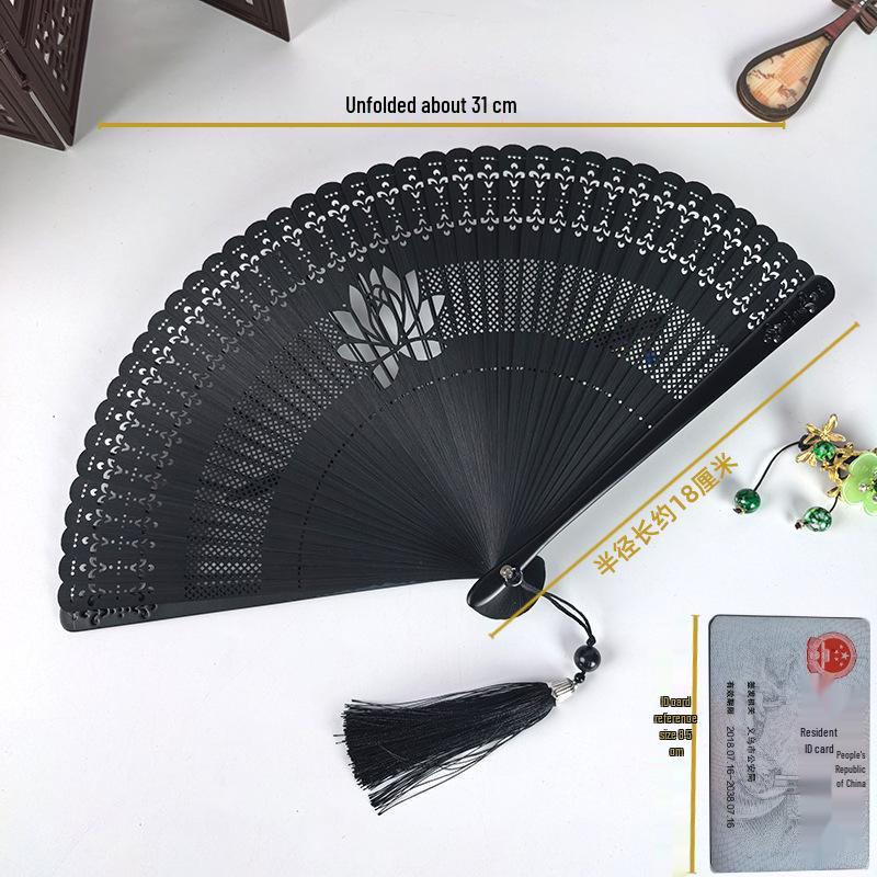 Luxury Bamboo Lotus Carved Tassel Folding Fan