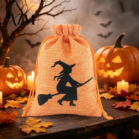 Natural Jute Gift Packaging Halloween Burlap Treat Bags, Pumpkin Ghost Bat Spider Witch Print Drawstring Party Favors Candy Pouches for Cookies Snacks
