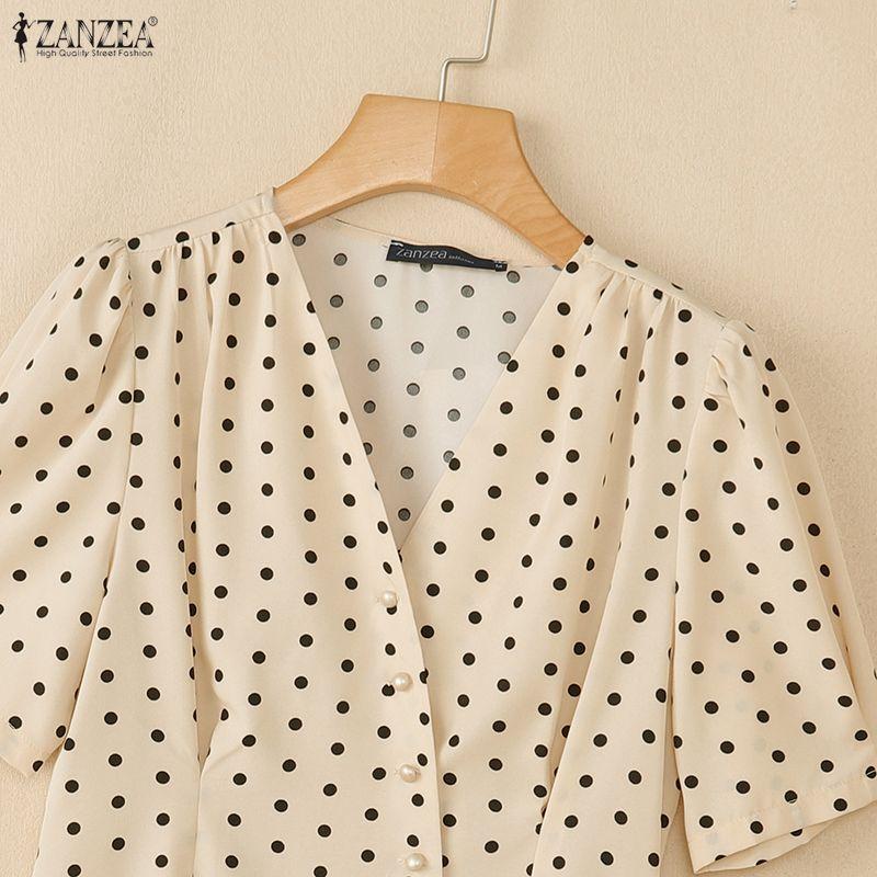 ZANZEA Women Casual V-Neck Short Sleeve Polka Dot Print Blouse