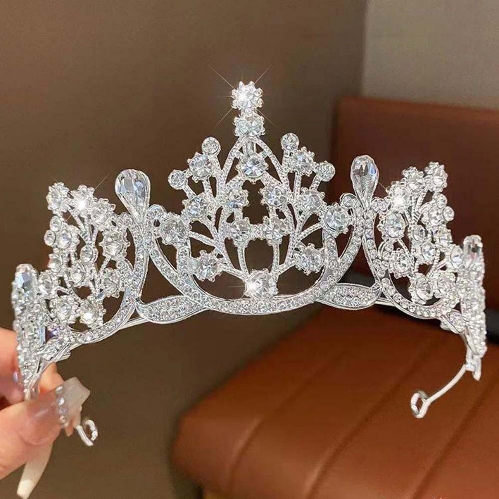 Elegant Silver Floral Crown Shiny Princess Rhinestone Tiara Baroque Crown Hair Accessory  Party