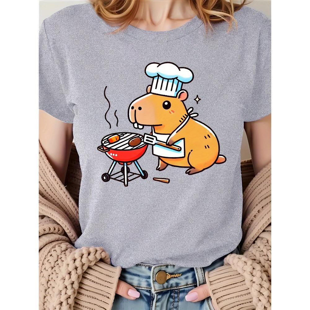 Womens White Short Sleeve T-Shirt Cute Guinea Pig Chef BBQ Graphic Print Short Sleeved Harajuku Tops