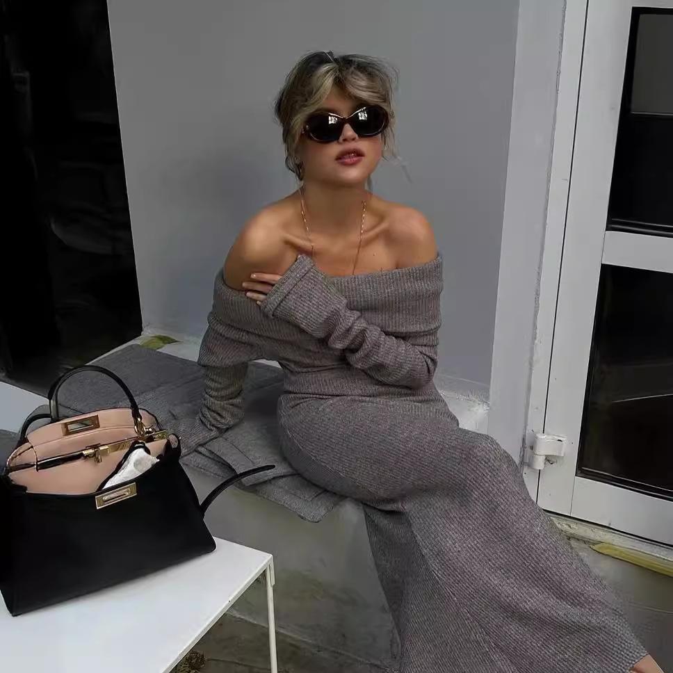 2024 High-End European & American One-Shoulder Sweater Dress - Women's Long, Waist-Hugging, Hip-Wrapping Style