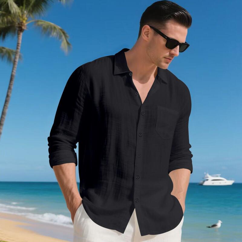 New Spring and Autumn Loose American Linen Breathable Casual Men's Lapel Long-sleeved Shirt