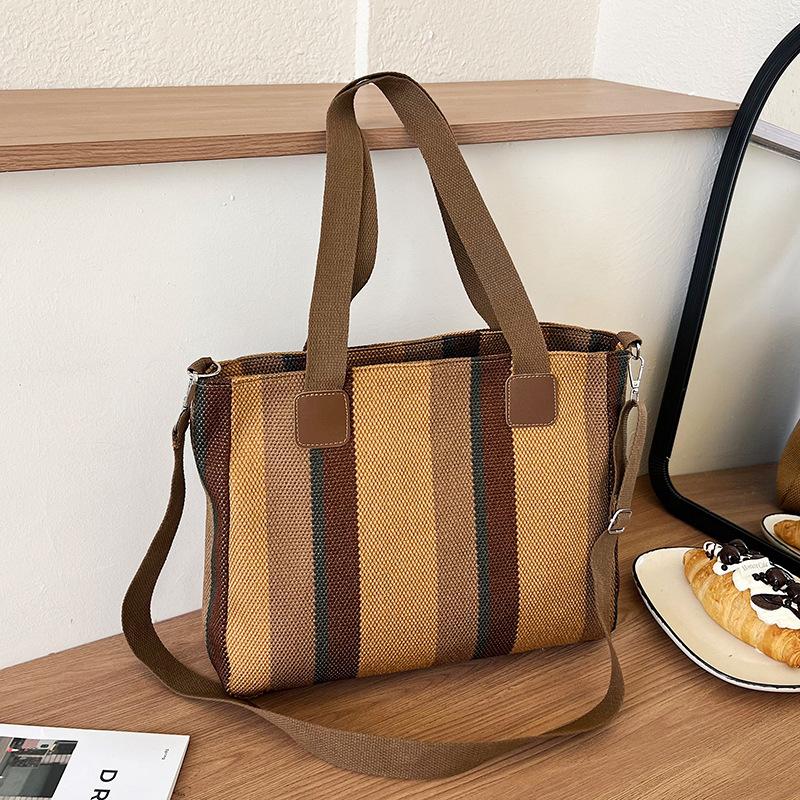 Striped Large-Capacity Women'S Bag Commuter Casual Foreign Style Portable Tote Shoulder Messenger Bag