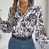 Women's Fashion Contrast Color Flower Long Sleeve Lapel Shirt Long Sleeve Top