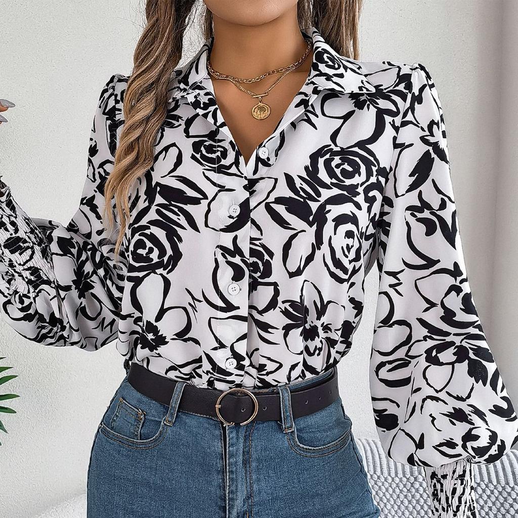 Women's Fashion Contrast Color Flower Long Sleeve Lapel Shirt Long Sleeve Top