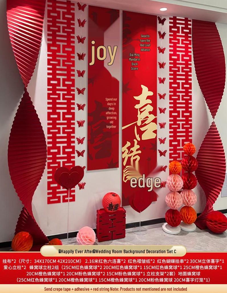 Double Happiness Wedding Room Cloth Banner Set for Ceremony and Hotel Décor