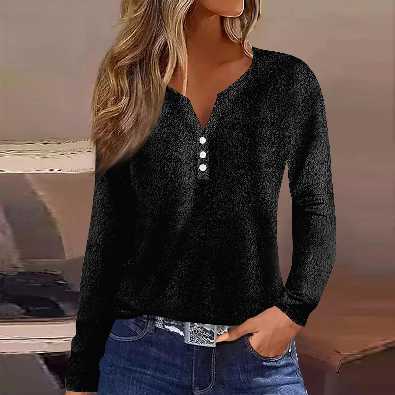 

Женская модная повседневная однотонная футболка с v-образным вырезом и длинным рукавом на пуговицах, топ XXXL чёрный