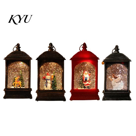 Holiday Party Table Centerpiece Christmas Snow Lantern, Battery Operated Swirling Water Glittering Vintage Portable Resin Lantern Santa Snowman