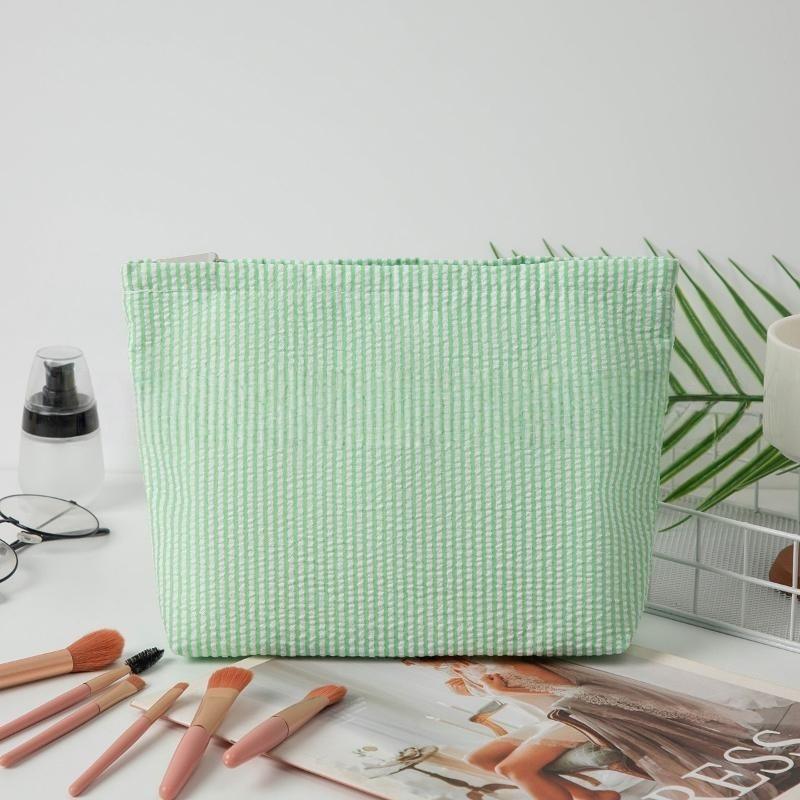 1 Pcs Seersucker Makeup Bag & Travel Pouch — Portable Toiletry Bag With Soft, Textured Striped Design