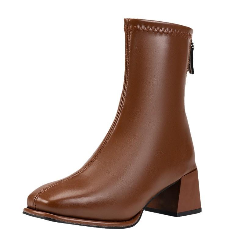 Foreign Trade Autumn and Winter New Square Head Thick Heel Short Boots Rear Zipper Versatile British Style Martin Boots Women's Thin High Heel Leather