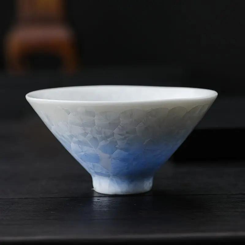 Glazed Crystalline Ceramic Tea Cup Set, Floral Rim Kung Fu Tea Gift Box, DishwasherSafeMaster Cup for HomeTea Ceremony & Brewing