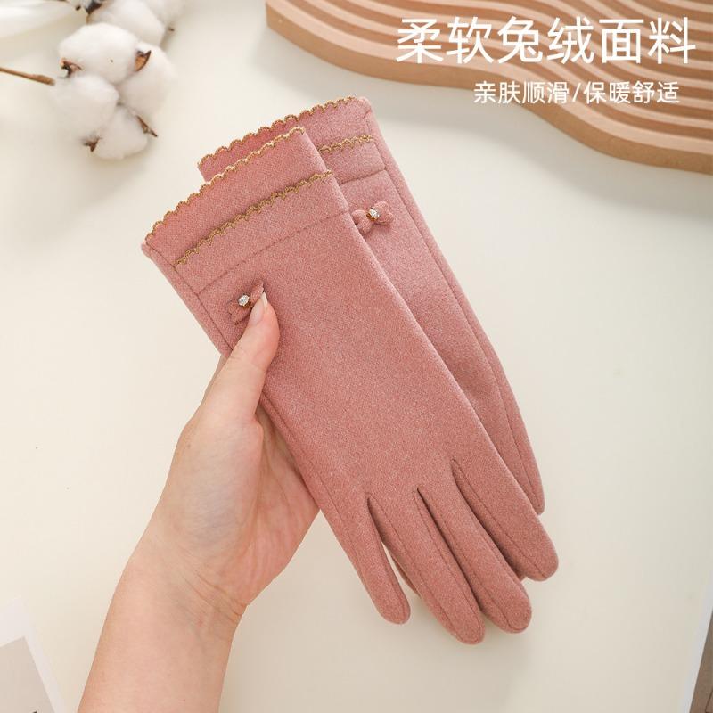 Warm gloves New women's outdoor riding rabbit velvet bow windproof and cold versatile autumn and winter gloves
