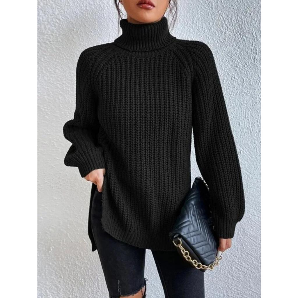 Autumn Winter Soft Knit Fashion Raglan Long Sleeve Turtleneck Split Sweater Casual Warm Solid Color Medium Length Pullover