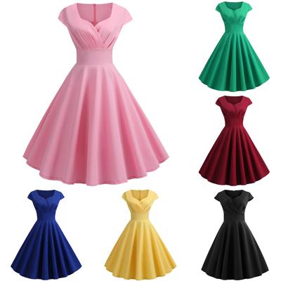 Dámske šaty s krátkym rukávom, výstrihom do V, jednofarebné, dĺžka po kolená