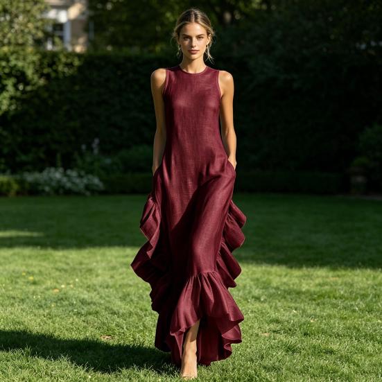Ärmelloses Damenkleid Raffung Rüschensaum Elegantes Schwingkleid Rundhalsausschnitt Strandkleid für Büro Party Cocktail Strandmode