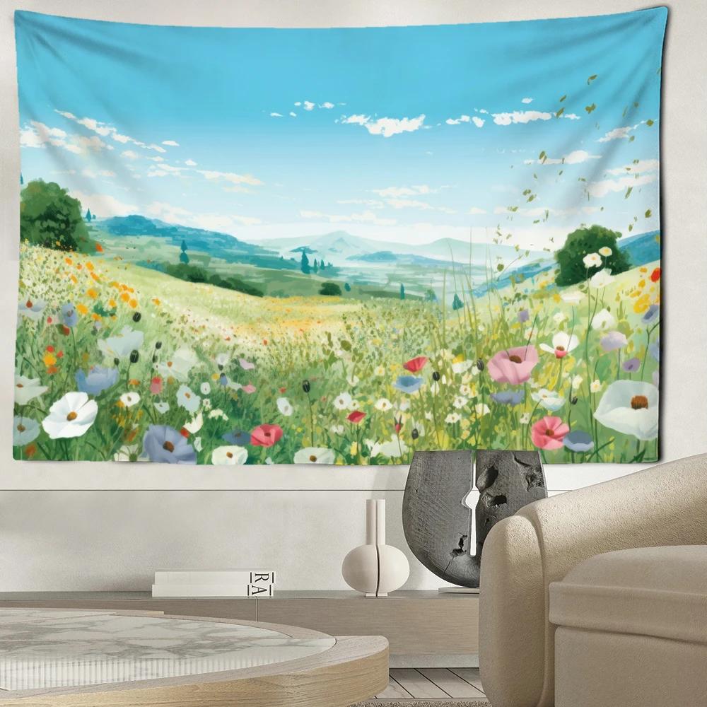 Blue Sky Grassland Flower Blossoms Tapestry Wall Hanging Simple Art Landscape Bohemian Dormitory Bedroom Home Decor