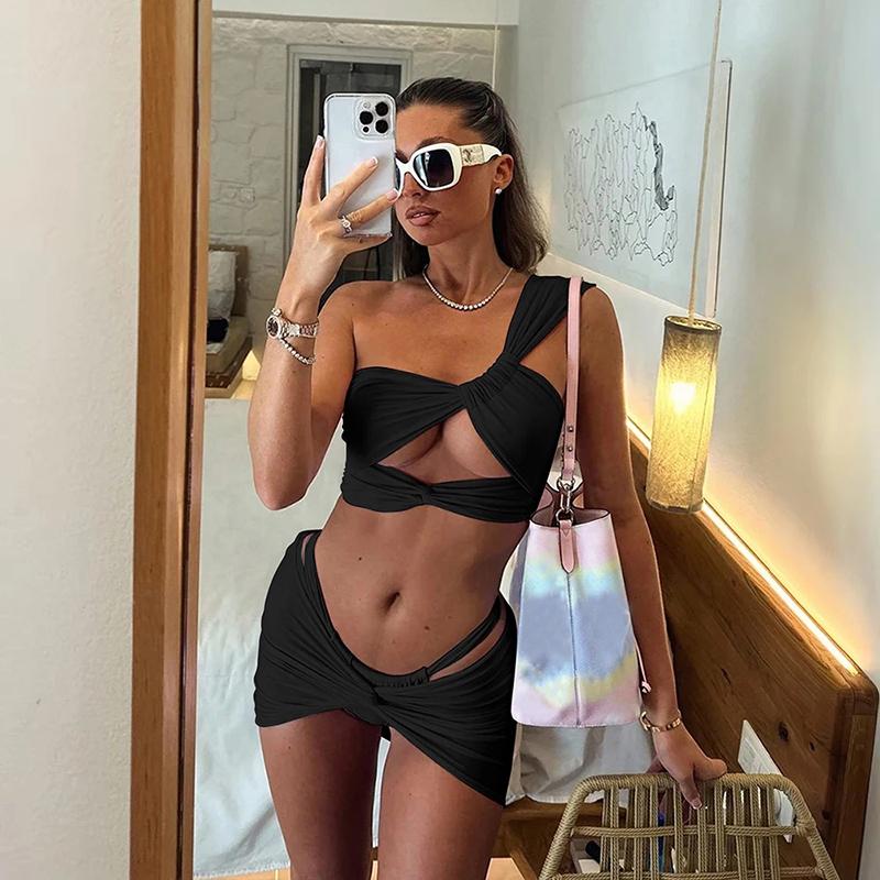 

Сексуальный купальник-бикини на одно плечо, комплект из 3 предметов, женский однотонный раздельный купальник, пляжный новый летний купальный костюм L чёрный