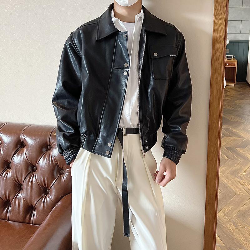 Autumn Korean Style Simple Black PU Leather Jacket Men's Retro Handsome Motorcycle Casual Jacket