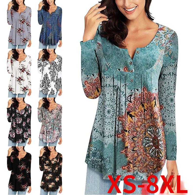 Buy Women's Long Sleeve Tops V Neck Casual Shirt Flowy Print Shirt Tops ...