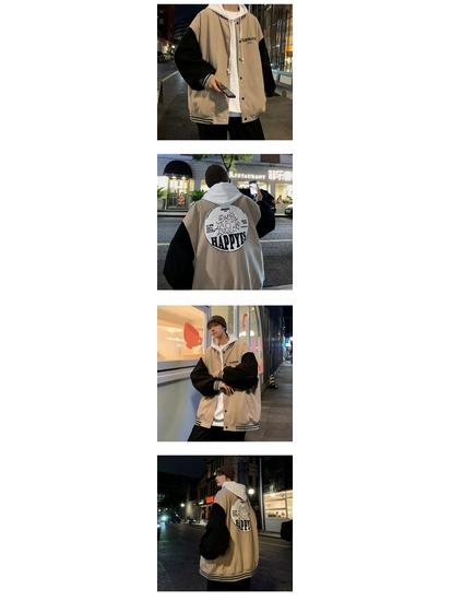 2025 Trend Men's Handsome Stand Collar Solid Color Patchwork Jacket with Letter Print - Fashionable Spring/Autumn Streetwear