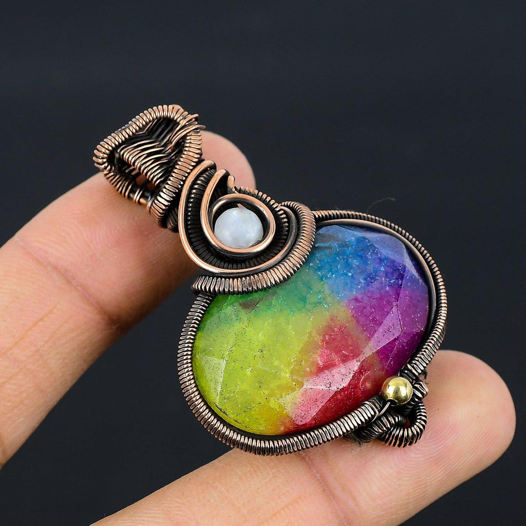 Rainbow Solar Quartz 999 Copper Wire Wrapped Pendant, Handmade Gemstone Pendant Jewelry, Gifts For Wife Brand New Pendant