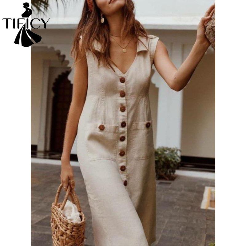 TIFICY Abiti casual con scollo a V senza maniche con stampa tinta unita primavera estate moda donna