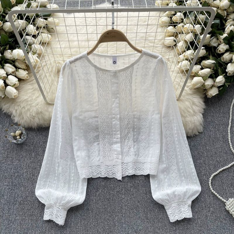 

Crochet Cut Out Chic and Beautiful Tops Long Sleeves Shirt White All yards