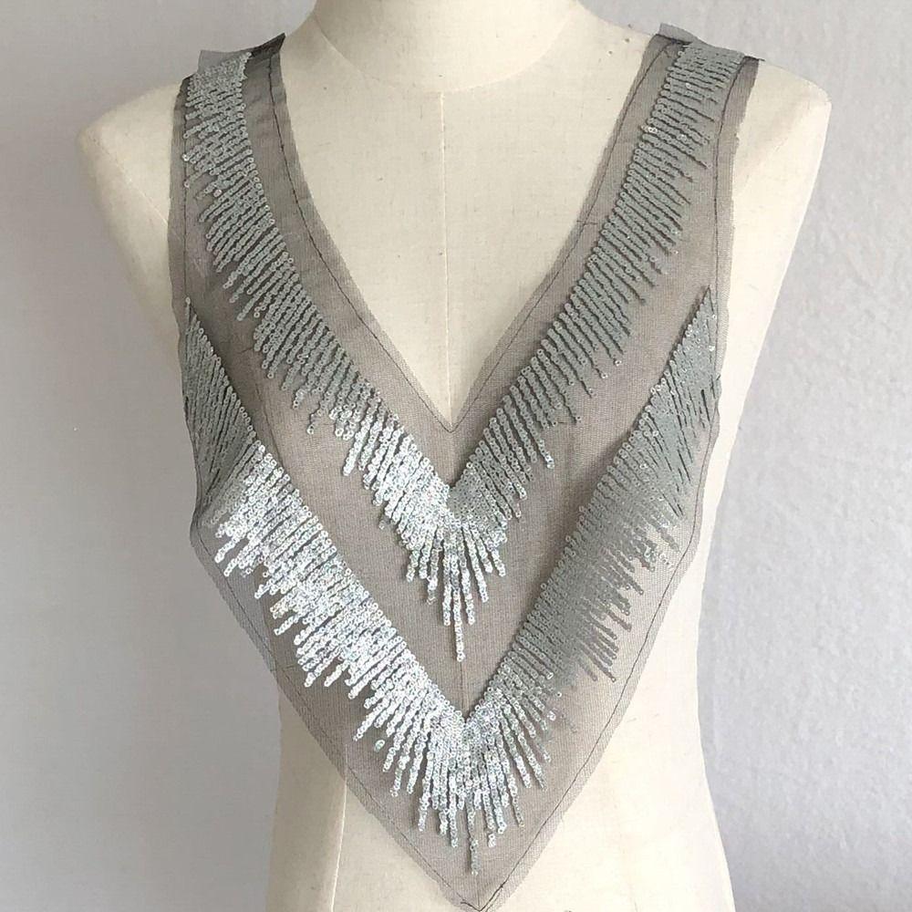 V Collar Design Mesh Lace Appliques Silver Sequins Dress Decoration Appliques Gown Embellishment