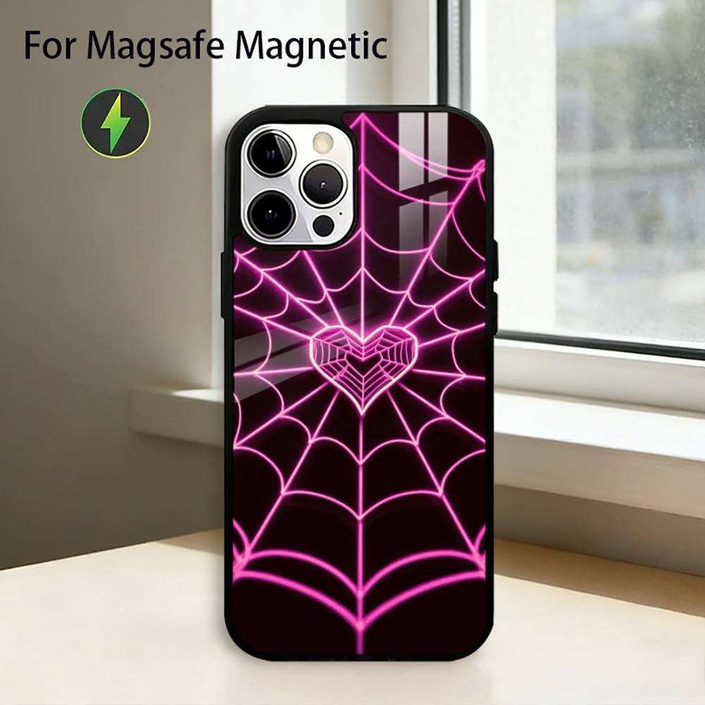 

Cool Spider Web H-Heart Phone Case For iPhone17,16,15,14,13,12,11 Plus,Pro Magnetic with Magsafe Wireless Charging iPhone15Plus