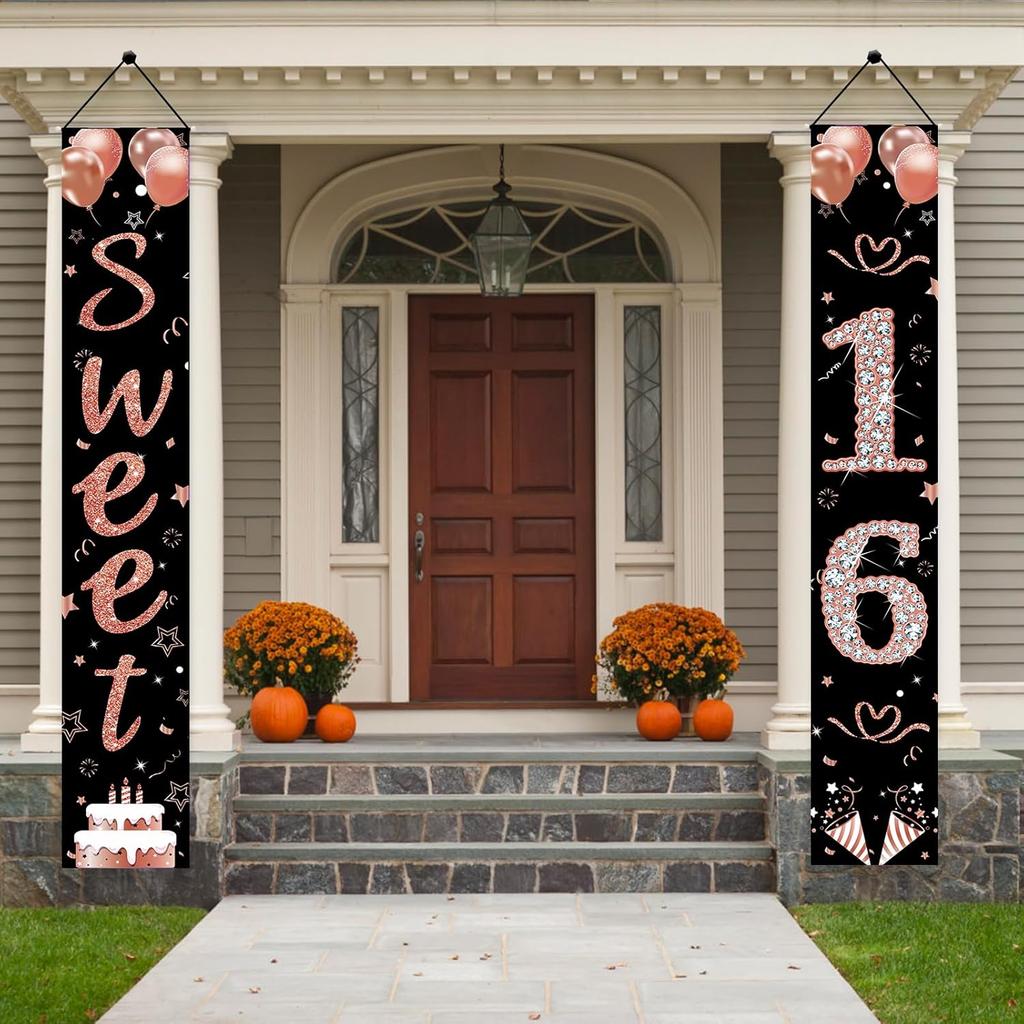 Sweet 16 Party Decorations, Black Rose Gold Happy 16th Birthday Decorations for Girls Sixteen Year Old Birthday Door Banner Porch Sign Party Supplies