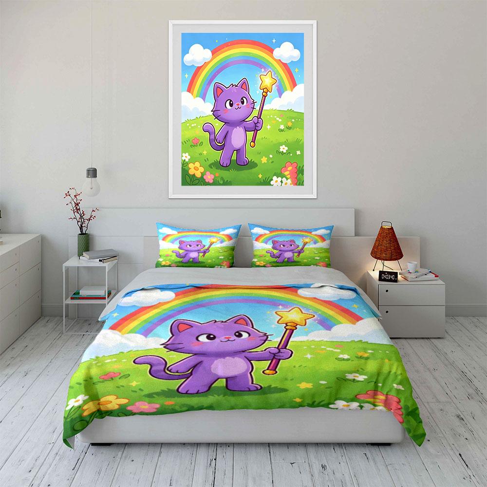 Cute Cat Rainbow Decor Set Soft Comfortable Duvet Cover Bedding Set Included 1*Duvet Cover & 2*Pillowcases, Gift