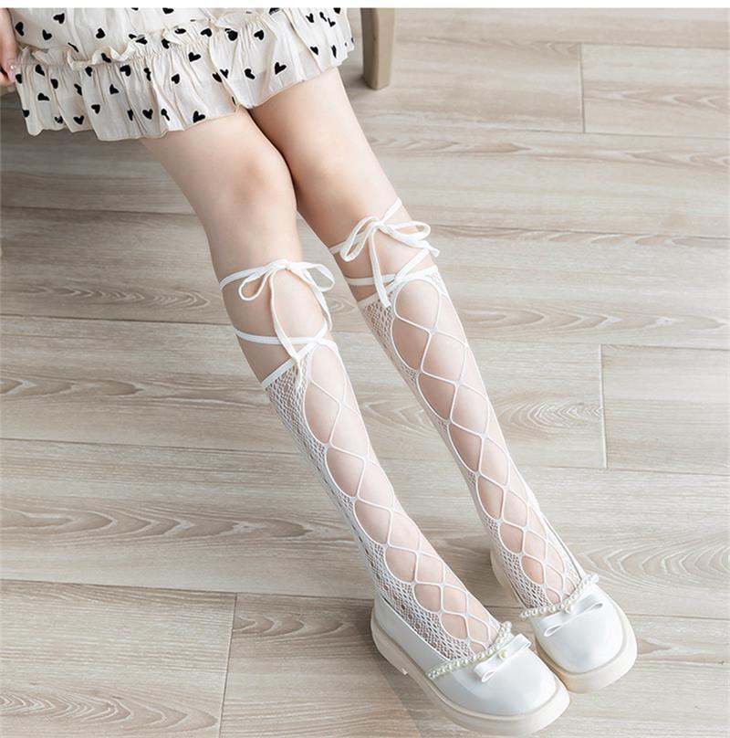 Sexy JK Stockings Women Hollow Out Mesh Black High Tube Socks Summer Thin Knee High Socks Cosplay Lolita Girls White Stocking