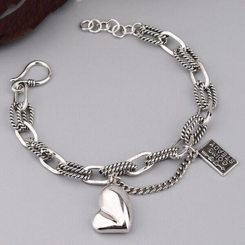 

Винтажный браслет из стерлингового серебра 925 пробы с толстой цепочкой в ​​форме сердца, уникальный браслет, новый